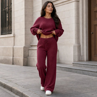 Women's Ribbed Knit Loungewear Set - Wide-Leg Pants & Drop-Shoulder To