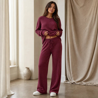 Women's Ribbed Knit Loungewear Set - Wide-Leg Pants & Drop-Shoulder To