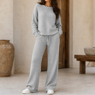 Women's Ribbed Knit Loungewear Set in light grey, Wide-Leg Pants & Drop-Shoulder To