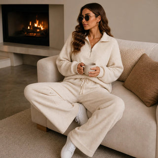 Women's Ribbed Knit Loungewear Set - Wide-Leg Pants & Sweater