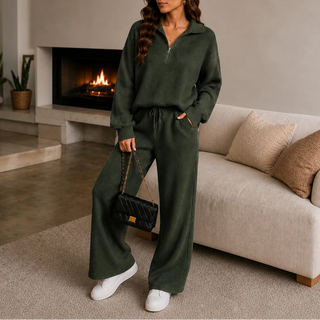 Women's Ribbed Knit Loungewear Set in military green, Wide-Leg Pants & Sweater