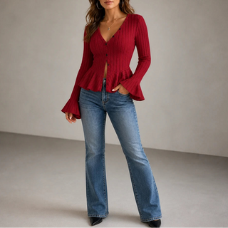 Women's Ribbed V-Neck Peplum Top in wine red, Fitted Waist Flare
