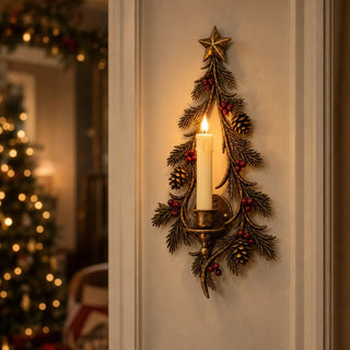 Women's Rustic Evergreen Berry Wall Candle Holder - Christmas Decor