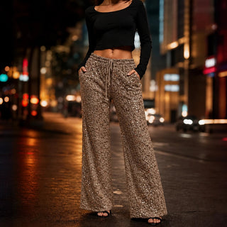 Women's Sequin Straight-Leg Trousers in brown, Party Sparkle Pants