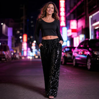 Women's Sequin Straight-Leg Trousers - Party Sparkle Pants