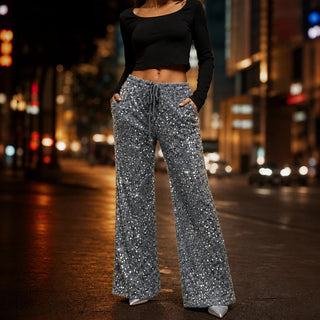 Women's Sequin Straight-Leg Trousers in grey, Party Sparkle Pants