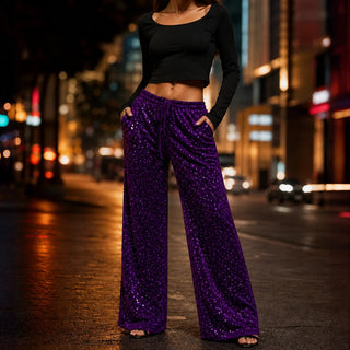 Women's Sequin Straight-Leg Trousers in purple, Party Sparkle Pants