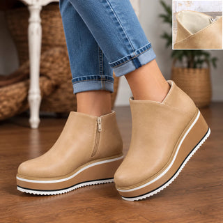 Women's Smooth Side-Zip Wedge Ankle Boots - Beige