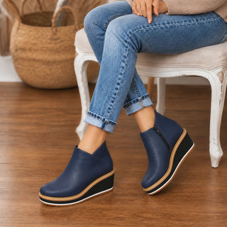 Women's Smooth Side-Zip Wedge Ankle Boots - Navy