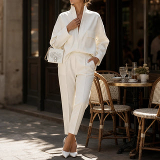 Women's Stand-Collar Shirt and Cropped Trouser Set - Coordinated Workw