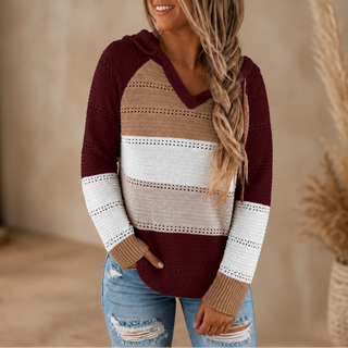 Women's Striped Hollow-Knit Hoodie in burgundy, Relaxed Fit Open-Stitch Layer