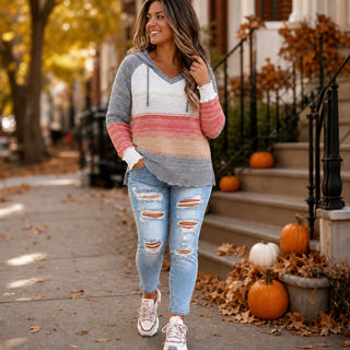 Women's Striped Hollow-Knit Hoodie - Relaxed Fit Open-Stitch Layer