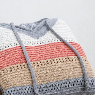 Women's Striped Hollow-Knit Hoodie - Relaxed Fit Open-Stitch Layer
