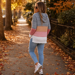 Women's Striped Hollow-Knit Hoodie - Relaxed Fit Open-Stitch Layer