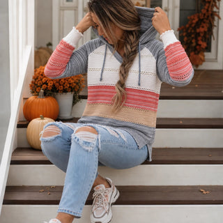 Women's Striped Hollow-Knit Hoodie - Relaxed Fit Open-Stitch Layer