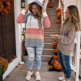 Women's Striped Hollow-Knit Hoodie - Relaxed Fit Open-Stitch Layer