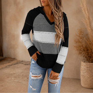 Women's Striped Hollow-Knit Hoodie in grey, Relaxed Fit Open-Stitch Layer