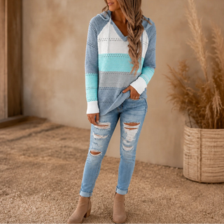 Women's Striped Hollow-Knit Hoodie in sky blue, Relaxed Fit Open-Stitch Layer