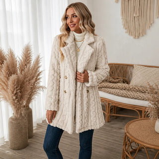 Women's Textured Double-Breasted Winter Coat in beige, Mid-Length