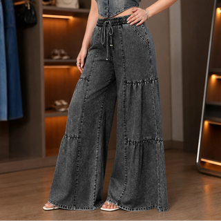 Women's Tiered Patchwork Wide-Leg Jeans in black, Floor-Length