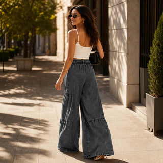 Women's Tiered Patchwork Wide-Leg Jeans - Floor-Length