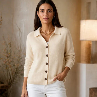 Women's Turn-Back Collar Knit Cardigan in beige, Contrast Button