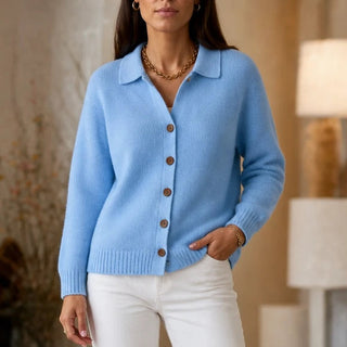 Women's Turn-Back Collar Knit Cardigan in blue, Contrast Button