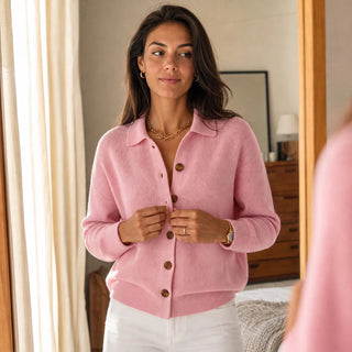 Women's Turn-Back Collar Knit Cardigan - Contrast Button