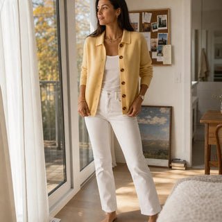 Women's Turn-Back Collar Knit Cardigan - Contrast Button