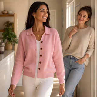 Women's Turn-Back Collar Knit Cardigan - Contrast Button