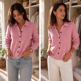 Women's Turn-Back Collar Knit Cardigan - Contrast Button