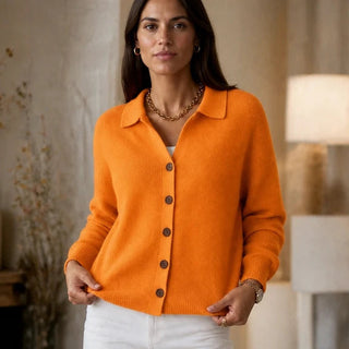 Women's Turn-Back Collar Knit Cardigan in orange, Contrast Button