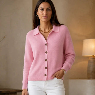 Women's Turn-Back Collar Knit Cardigan in pink, Contrast Button