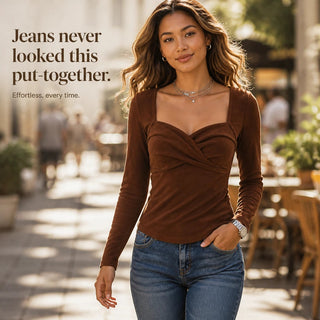 Women's Twisted-Front Sweetheart Long-Sleeve Top - Fitted
