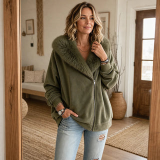Women's Velvet Faux-Fur Collar Zip-Up Jacket - Relaxed Fit