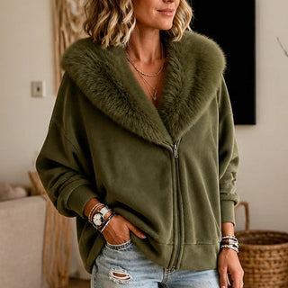 Women's Velvet Faux-Fur Collar Zip-Up Jacket in green, Relaxed Fit