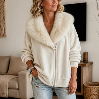 Women's Velvet Faux-Fur Collar Zip-Up Jacket in white, Relaxed Fit