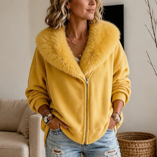 Women's Velvet Faux-Fur Collar Zip-Up Jacket in yellow, Relaxed Fit