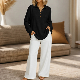 Women's Waffle-Textured Long-Sleeve V-Neck Blouse - Black