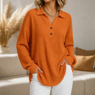 Women's Waffle-Textured Long-Sleeve V-Neck Blouse