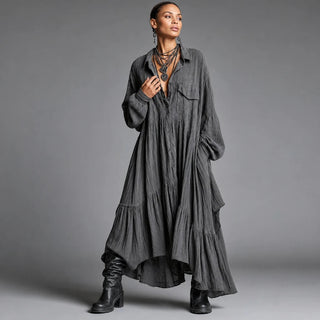 Women's Washed Ruffle Maxi Shirt Dress - Oversized Casual