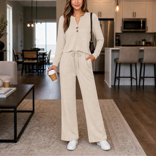 Women's Wide-Leg Lounge Set in beige, Coordinated Top and Pants