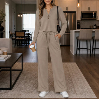 Women's Wide-Leg Lounge Set in taupe, Coordinated Top and Pants