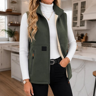 Women's Zip-Front Fleece Vest in green, High Collar Warmth Layer