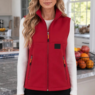 Women's Zip-Front Fleece Vest in red, High Collar Warmth Layer